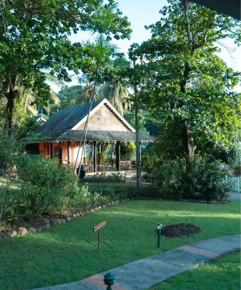 Charming tropical bungalow surrounded by lush greenery and clear blue sky.