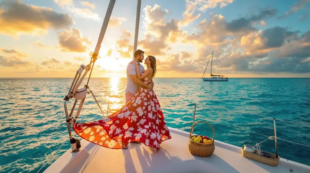 Romantic couple enjoying a private beach sunset at East Winds Resort, St. Lucia.