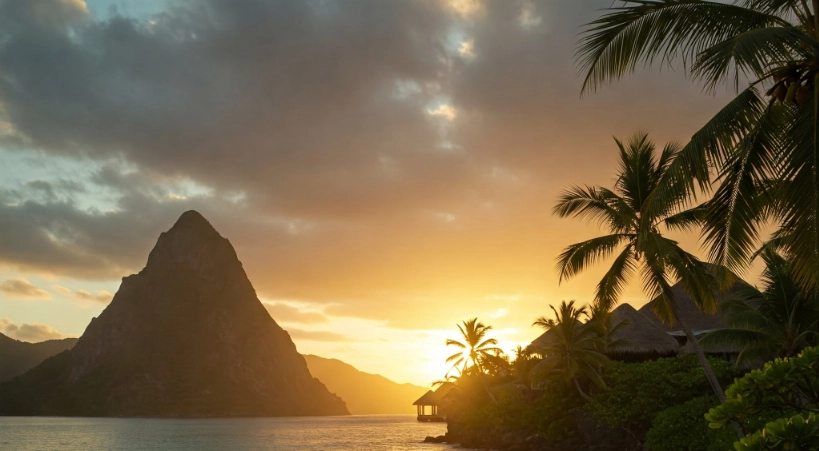 A breathtaking view of the iconic Pitons in St. Lucia at sunset, with golden light reflecting off the tranquil Caribbean waters, framed by lush palm trees
