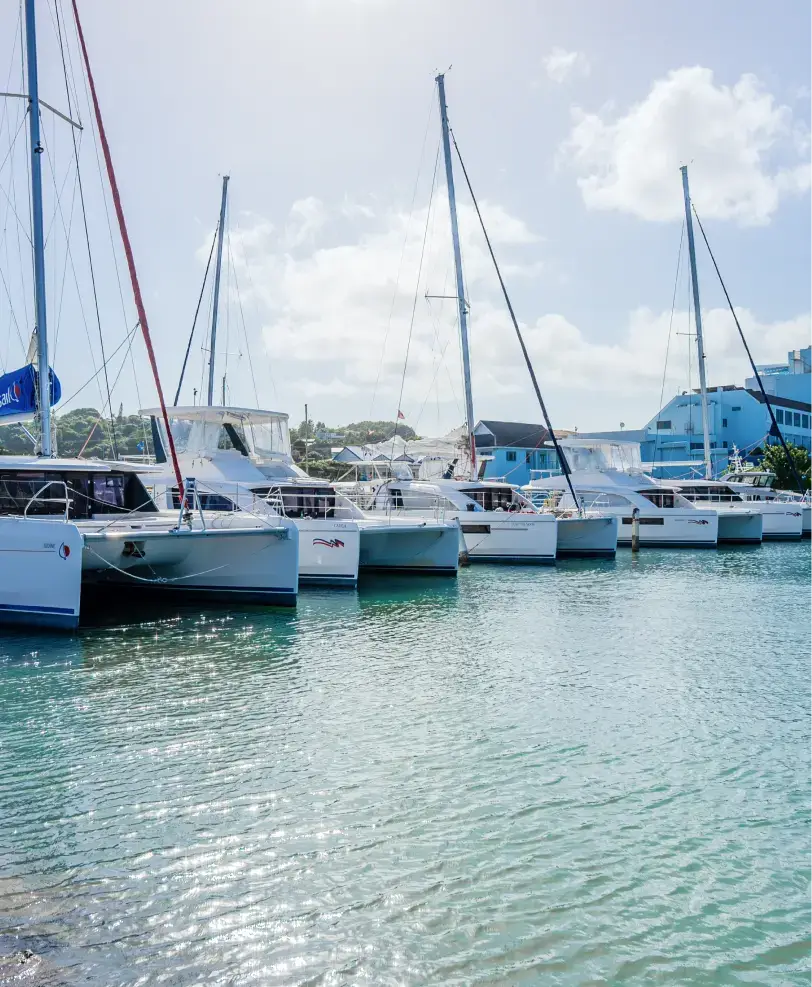 Marina with sailboats docked under clear blue skies and calm water.
