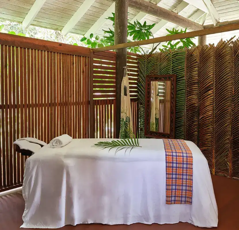 Tropical spa setup with massage bed and palm leaf accents | East Winds Luxury Resort Saint Lucia