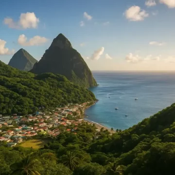 A panoramic view of Saint Lucia's Gros and Petit Pitons rising above the coastal town of Soufrière, with sailboats floating on the calm Caribbean Sea and lush green hills framing the scene.