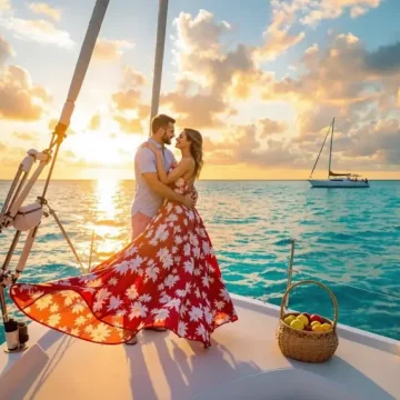 Romantic couple enjoying a private beach sunset at East Winds Resort, St. Lucia.