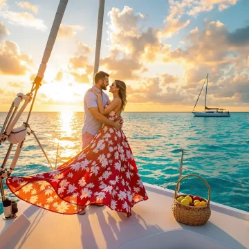 Romantic couple enjoying a private beach sunset at East Winds Resort, St. Lucia.